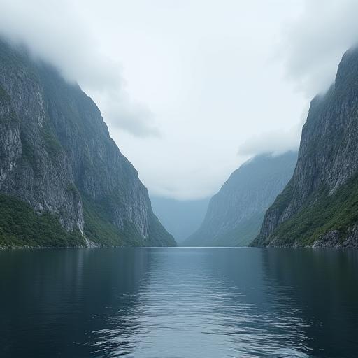 A dramatic Norwegian fjord with steep cliffs and calm water